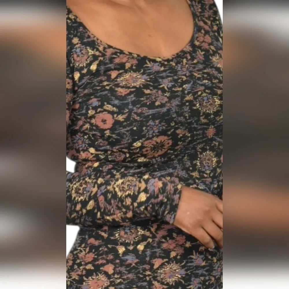PeruvianConnection Dynasty Floral Black Jersey Scoop Neck Long Sleeves Midi Sz S